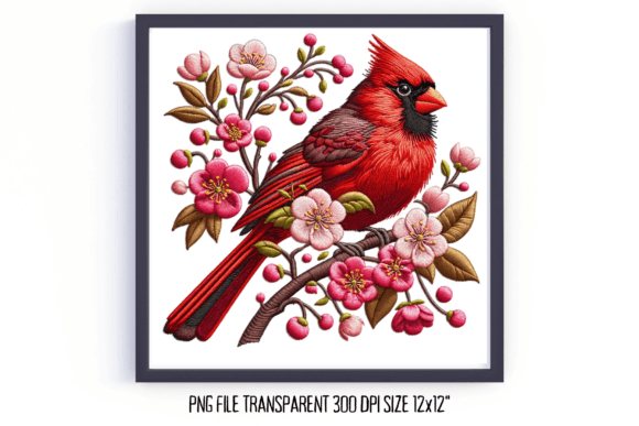 Cardinal Cherry Blossom Embroidery PNG