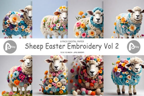 Digital Paper Sheep Easter Embroidery
