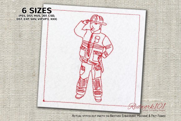 Firefighter Child Redwork Embroidery
