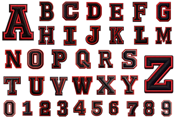 Varsity Black Red Embroidery Alphabet